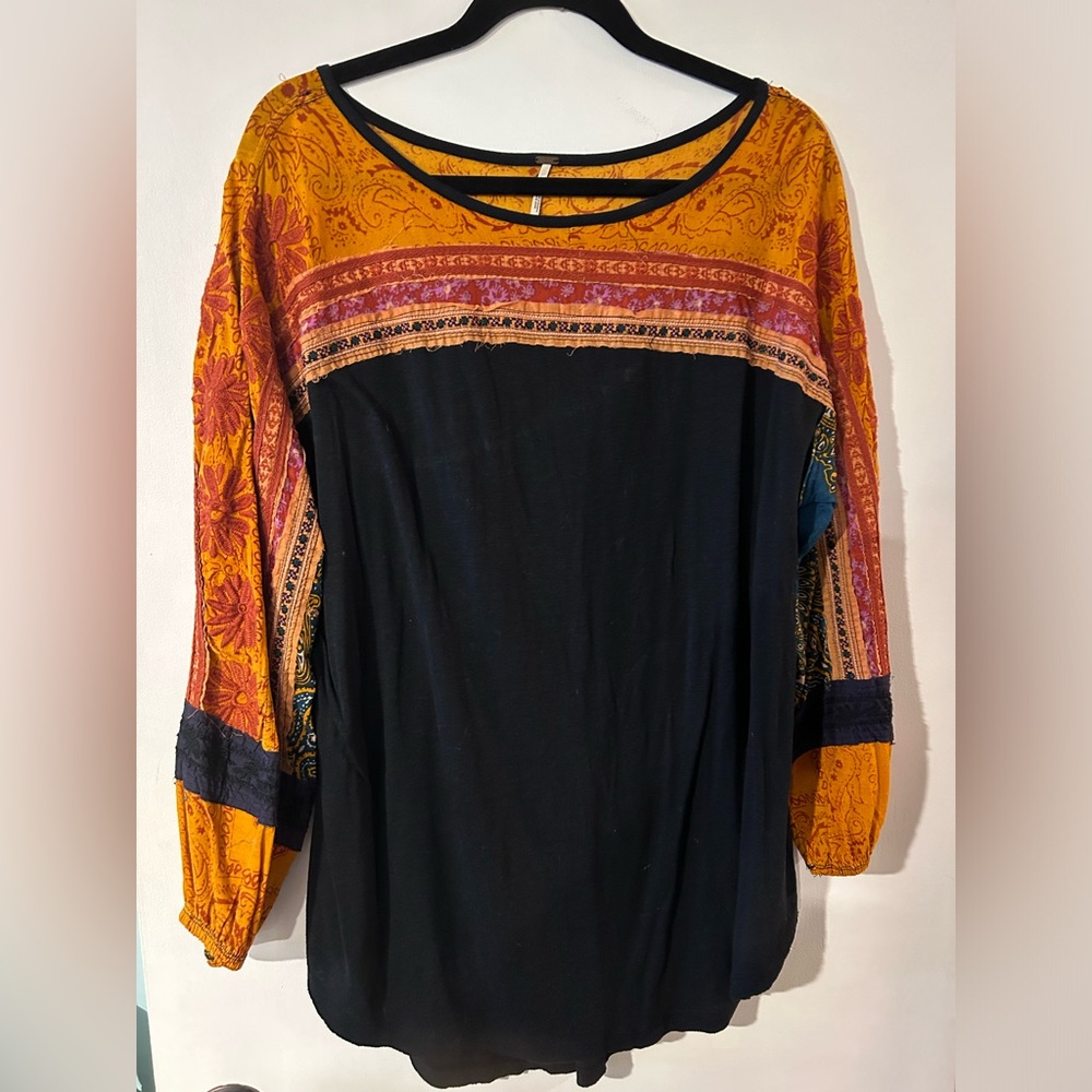 Free People Boho Shirt Tripoli Top XS Oversized black orange embroidered tunic